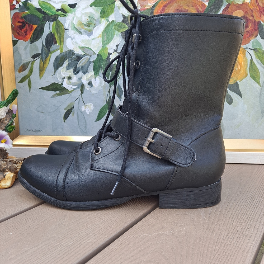 American Rag Farahh Combat Black Faux Leather Lace-Up Combat Boots w/Side Buckle